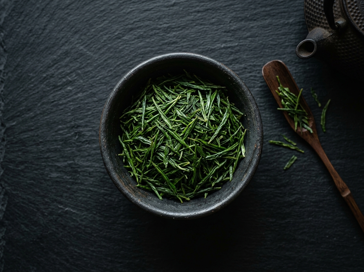 Lose Sencha-Grünteeblätter in einer dunklen Keramikschale