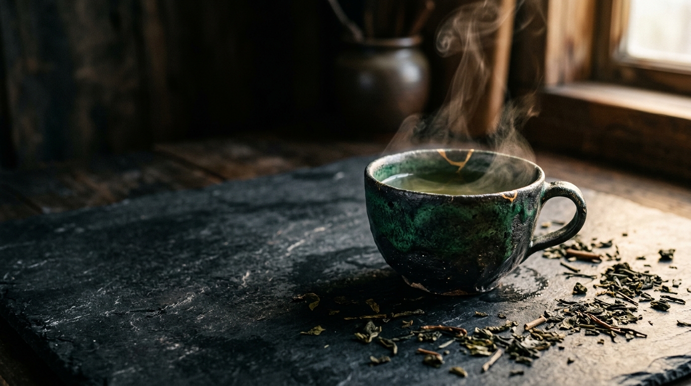 Dampfende Tasse Grüntee auf einer Schieferplatte mit losen Teeblättern