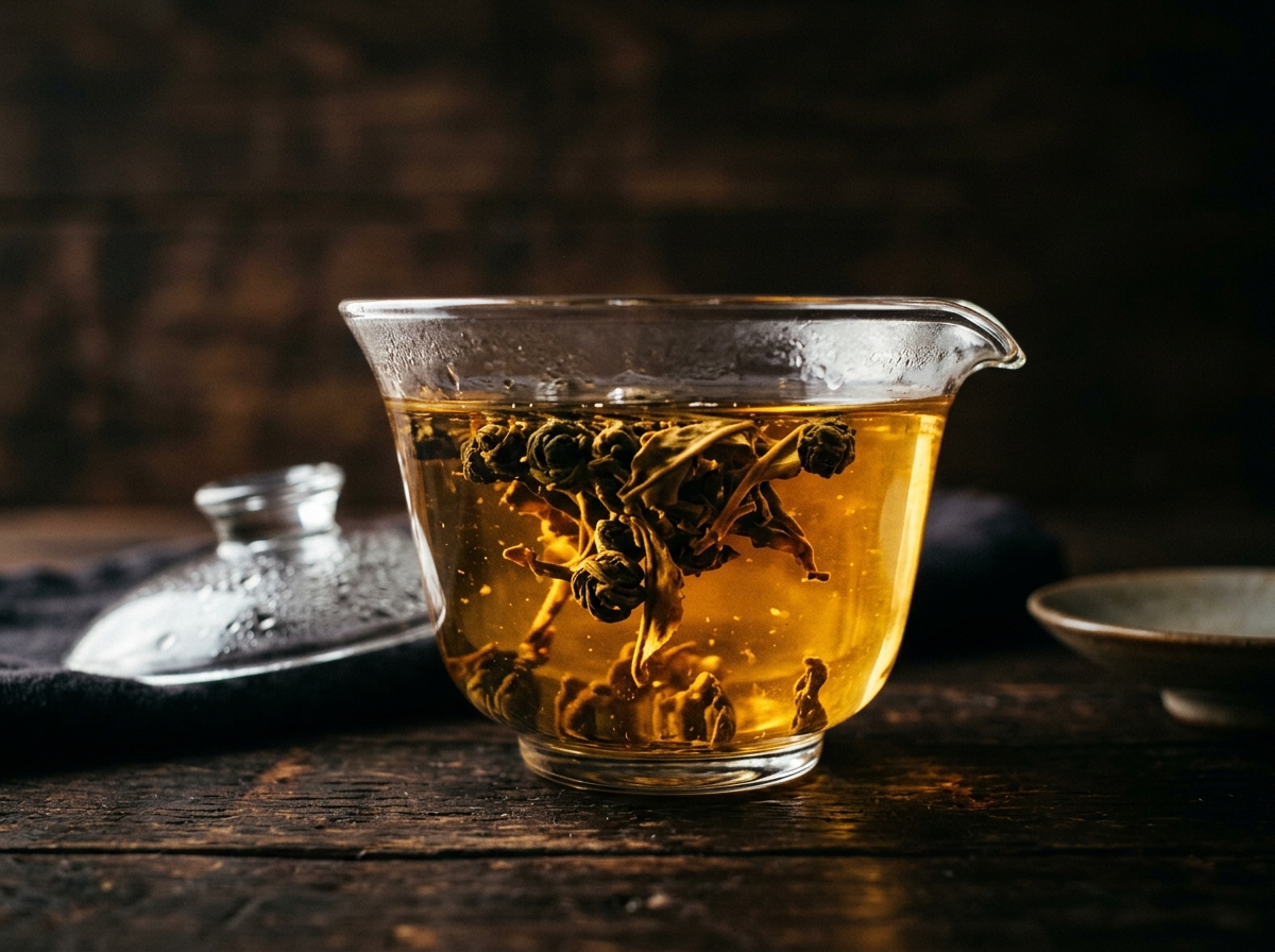 Oolong-Teeblätter entfalten sich in einer gläsernen Gaiwan